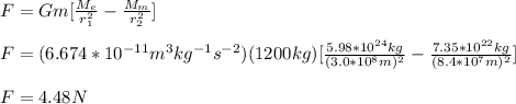 F=Gm[\frac{M_e}{r_1^2}-\frac{M_m}{r_2^2}]\\\\F=(6.674*10^{-11}m^3kg^{-1}s^{-2})(1200kg)[\frac{5.98*10^{24}kg}{(3.0*10^8m)^2}-\frac{7.35*10^{22}kg}{(8.4*10^7m)^2}]\\\\F=4.48N