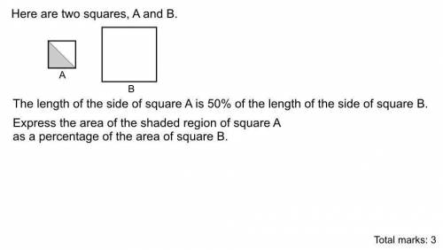 Here are two squares, A and B.

A
B
The length of the side of square A is 50% of the length of the s