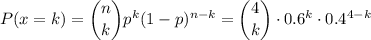 P(x=k)=\dbinom{n}{k}p^k(1-p)^{n-k}=\dbinom{4}{k}\cdot0.6^k\cdot0.4^{4-k}