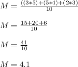 M = \frac{((3 * 5) + (5 * 4) + (2 * 3)}{10}\\ \\M = \frac{15 + 20 + 6}{10} \\\\M = \frac{41}{10}\\ \\M = 4.1