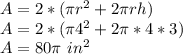 A=2*(\pi r^2+2\pi rh)\\A=2*(\pi 4^2+2\pi*4*3)\\A=80\pi\ in^2