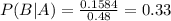 P(B|A) = \frac{0.1584}{0.48} = 0.33