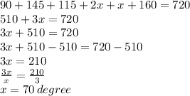 90 + 145 + 115 + 2x + x + 160 = 720 \\ 510 + 3x = 720 \\3x + 510 = 720 \\ 3x + 510 - 510 = 720 - 510 \\ 3x = 210 \\  \frac{3x}{x}  =  \frac{210}{3}  \\ x = 70 \: degree