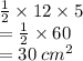 \frac{1}{2}  \times 12 \times 5 \\  =  \frac{1}{2}  \times 60 \\  = 30 \:  {cm}^{2}