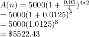 A(n)=5000(1+\frac{0.05}{4})^{4*2}\\=5000(1+0.0125)^{8}\\=5000(1.0125)^{8}\\=\$5522.43
