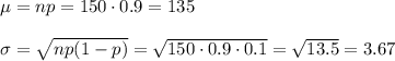 \mu=np=150\cdot 0.9=135\\\\\sigma=\sqrt{np(1-p)}=\sqrt{150\cdot 0.9\cdot 0.1}=\sqrt{13.5}=3.67