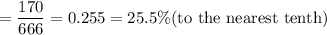 =\dfrac{170}{666}= 0.255=25.5\% $(to the nearest tenth)