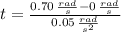 t = \frac{0.70\,\frac{rad}{s} - 0\,\frac{rad}{s} }{0.05\,\frac{rad}{s^{2}} }