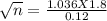 \sqrt{n} = \frac{1.036 X 1.8}{0.12}