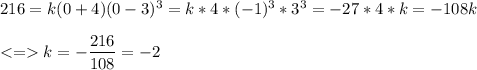 216=k(0+4)(0-3)^3=k*4*(-1)^3*3^3=-27*4*k=-108k\\\\ k=-\dfrac{216}{108}=-2