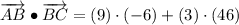 \overrightarrow{AB} \bullet \overrightarrow {BC} = (9)\cdot (-6) + (3) \cdot (46)