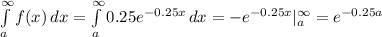 \int\limits^\infty_a {f(x)} \, dx =\int\limits^\infty_a {0.25e^{-0.25x}} \, dx =-e^{-0.25x}|^\infty_a=e^{-0.25a}