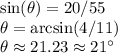 \sin(\theta)=20/55\\\theta=\arcsin(4/11)\\\theta\approx21.23\approx21\textdegree