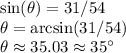 \sin(\theta)=31/54\\\theta=\arcsin(31/54)\\\theta\approx35.03\approx35\textdegree