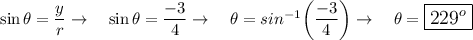 \sin \theta=\dfrac{y}{r} \rightarrow \quad \sin \theta =\dfrac{-3}{4} \rightarrow \quad \theta = sin^{-1}\bigg(\dfrac{-3}{4}\bigg)\rightarrow \quad \theta = \large\boxed{229^o}