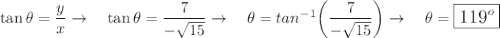 \tan \theta=\dfrac{y}{x} \rightarrow \quad \tan \theta =\dfrac{7}{-\sqrt{15}} \rightarrow \quad \theta = tan^{-1}\bigg(\dfrac{7}{-\sqrt{15}}\bigg)\rightarrow \quad \theta = \large\boxed{119^o}