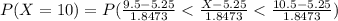 P(X = 10 ) =  P( \frac{9.5 -  5.25 }{1.8473 }  <  \frac{X - 5.25 }{1.8473 }  <  \frac{10.5 - 5.25}{1.8473 }  )