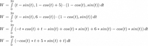 W =  \int\limits^{2\pi}_0 {(t - sin(t), 1 - cos(t) + 5)\cdot(1-cos(t), sin(t))} \, dt \\\\W =  \int\limits^{2\pi}_0 {(t - sin(t), 6 - cos(t))\cdot(1-cos(t), sin(t))} \, dt\\\\W =  \int\limits^{2\pi}_0 {(-t*cos(t) +t-sin(t)+ cos(t)*sin(t)+ 6*sin(t) - cos(t)*sin(t) )} \, dt\\\\W =  \int\limits^{2\pi}_0 {(-cos(t)*t +  5*sin(t) + t)} \, dt \\\\
