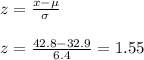 z=\frac{x-\mu}{\sigma}\\\\z=\frac{42.8-32.9}{6.4} =1.55