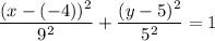 \dfrac{(x-(-4))^2}{9^2}+\dfrac{(y-5)^2}{5^2}=1