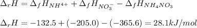 \Delta _rH=\Delta _fH_{NH^{4+}}+\Delta _fH_{NO_3^-}-\Delta _fH_{NH_4NO_3}\\\\\Delta _rH=-132.5+(-205.0)-(-365.6)=28.1kJ/mol