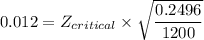 0. 012 =Z_{critical} \times \sqrt{\dfrac{0.2496}{1200}}