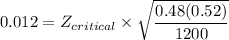 0. 012 =Z_{critical} \times \sqrt{\dfrac{0.48 (0.52)}{1200}}