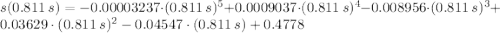 s(0.811\,s) = -0.00003237\cdot (0.811\,s)^{5}+0.0009037\cdot (0.811\,s)^{4}-0.008956\cdot (0.811\,s)^{3}+0.03629\cdot (0.811\,s)^{2}-0.04547\cdot (0.811\,s)+0.4778