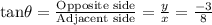 \text{tan}\theta =\frac{\text{Opposite side}}{\text{Adjacent side}}=\frac{y}{x}=\frac{-3}{8}