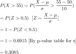 P(X55)=P(\dfrac{X-\mu}{\sigma}\dfrac{55-50}{10})\\\\=P(Z0.5) \ \ [Z=\dfrac{X-\mu}{\sigma}]\\\\=1-P(Z