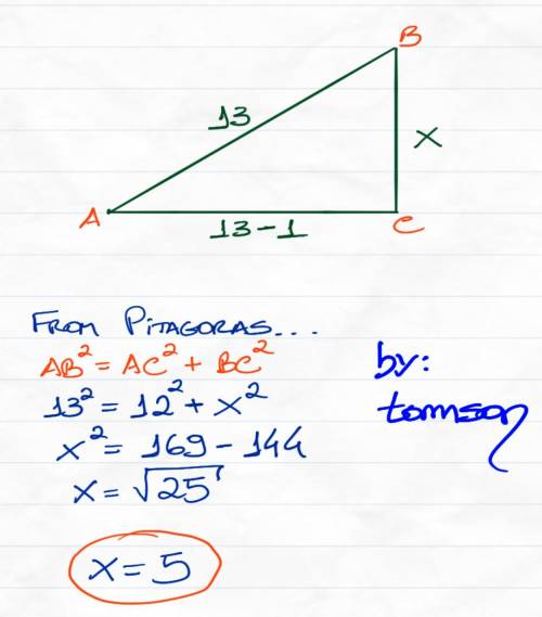 The hypotenuse of right angle triangle is 13cm. If one of the other side of the triangle is 1cm shor