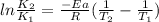 ln\frac{K_2}{K_1} = \frac{-Ea}{R} (\frac{1}{T_2} -\frac{1}{T_1} )