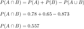 P(A \cap B) = P(A) + P(B) - P(A \cup B)\\\\P(A \cap B) = 0.78 + 0.65 - 0.873\\\\P(A \cap B) = 0.557\\\\