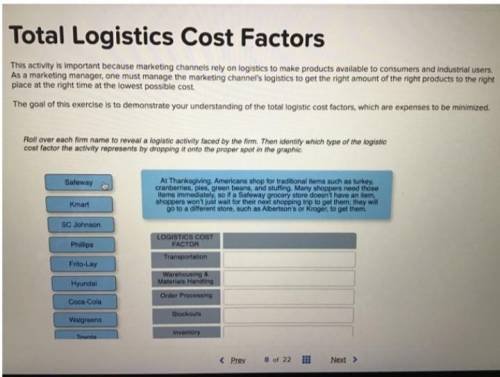 The goal of this exercise is to demonstrate your understanding of the total logistic cost factors, w