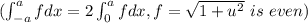 (\int ^a_{-a} fdx = 2\int^a_0 fdx , f= \sqrt{1+u^2}  \ is \ even )