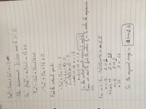 Find the range of values of m for which the roots of the equation below is real. 3x^2 - 3mx + (m^2 -