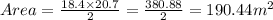 Area=\frac{18.4\times 20.7}{2}=\frac{380.88}{2}=190.44 m^2