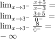 \lim_{x\to3^-}\frac{x+5}{x-3}=\\&#10;\lim_{x\to3^-}\frac{3+5}{0^-}=\\&#10;\lim_{x\to3^-}\frac{8}{0^-}=\\&#10;-\infty