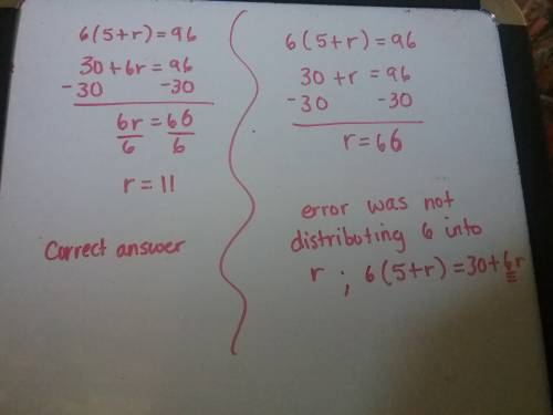 Hideki found the solution for the equation below to be r = 66.  6(5 + r) = 96 what mistake did hidek