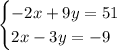 \begin{cases}-2x+9y=51\\2x-3y=-9\end{cases}