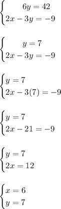 \begin{cases}\qquad6y=42\\2x-3y=-9\end{cases}\\\\\\\begin{cases}\qquad y=7\\2x-3y=-9\end{cases}\\\\\\\begin{cases}y=7\\2x-3(7)=-9\end{cases}\\\\\\\begin{cases}y=7\\2x-21=-9\end{cases}\\\\\\\begin{cases}y=7\\2x=12\end{cases}\\\\\\\begin{cases}x=6\\y=7\end{cases}