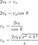2v_b=v_s\\\\2v_b=v_acos\ \theta\\\\v _a=\dfrac{2v_b}{cos\ \theta}\\\\v_a=\dfrac{2v_b\sqrt{x^2+h^2}}{x}