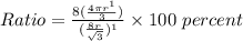 Ratio=\frac{8(\frac{4 \pi r^1}{3})}{(\frac{8r}{\sqrt{3}})^1}\times 100 \ percent