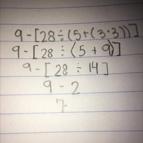 9−[28÷(5+(3⋅3))] what is the answer