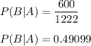 P(B|A)=\dfrac{600}{1222}\\\\P(B|A)=0.49099