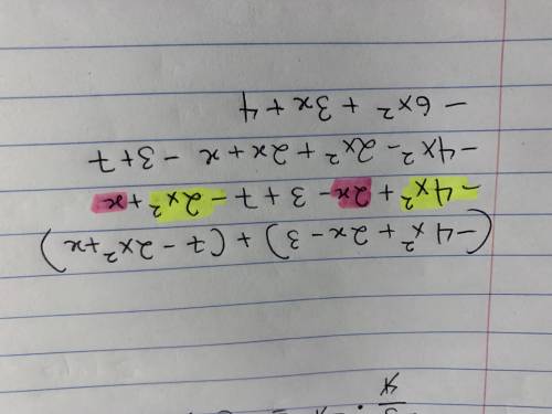 How do I simplify (-4x^2+2x-3)+(7-2x^2+x)???