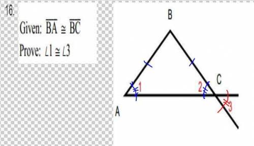 anyone mind helping? i want to sleep Given: BA is congruent to BC prove angle 1 is congruent to angl