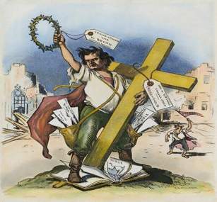 With which group would the man holding the cross be likely to sympathize?  farmers