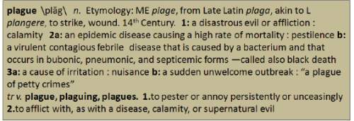 Review the dictionary definition of the word plague. determine which definition of the word correspo