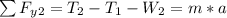 \sum F_y_2 =  T_2 -T_1- W_2 =  m *  a